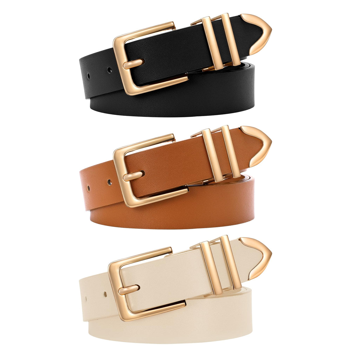Women's Leather Waist Belts with Gold Buckle 3-Pack
