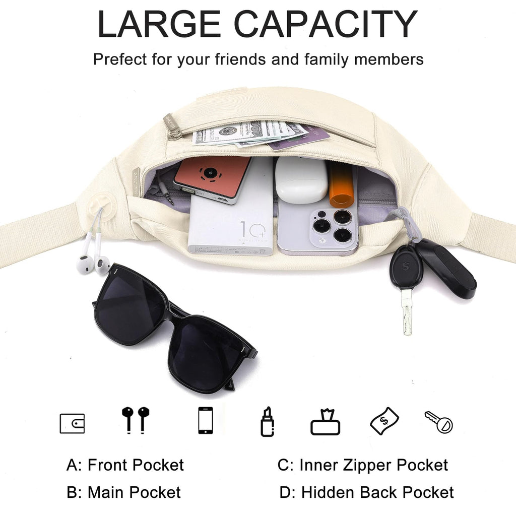 MAXTOP Unisex Large Crossbody Fanny Pack with 4 Zipper Pockets