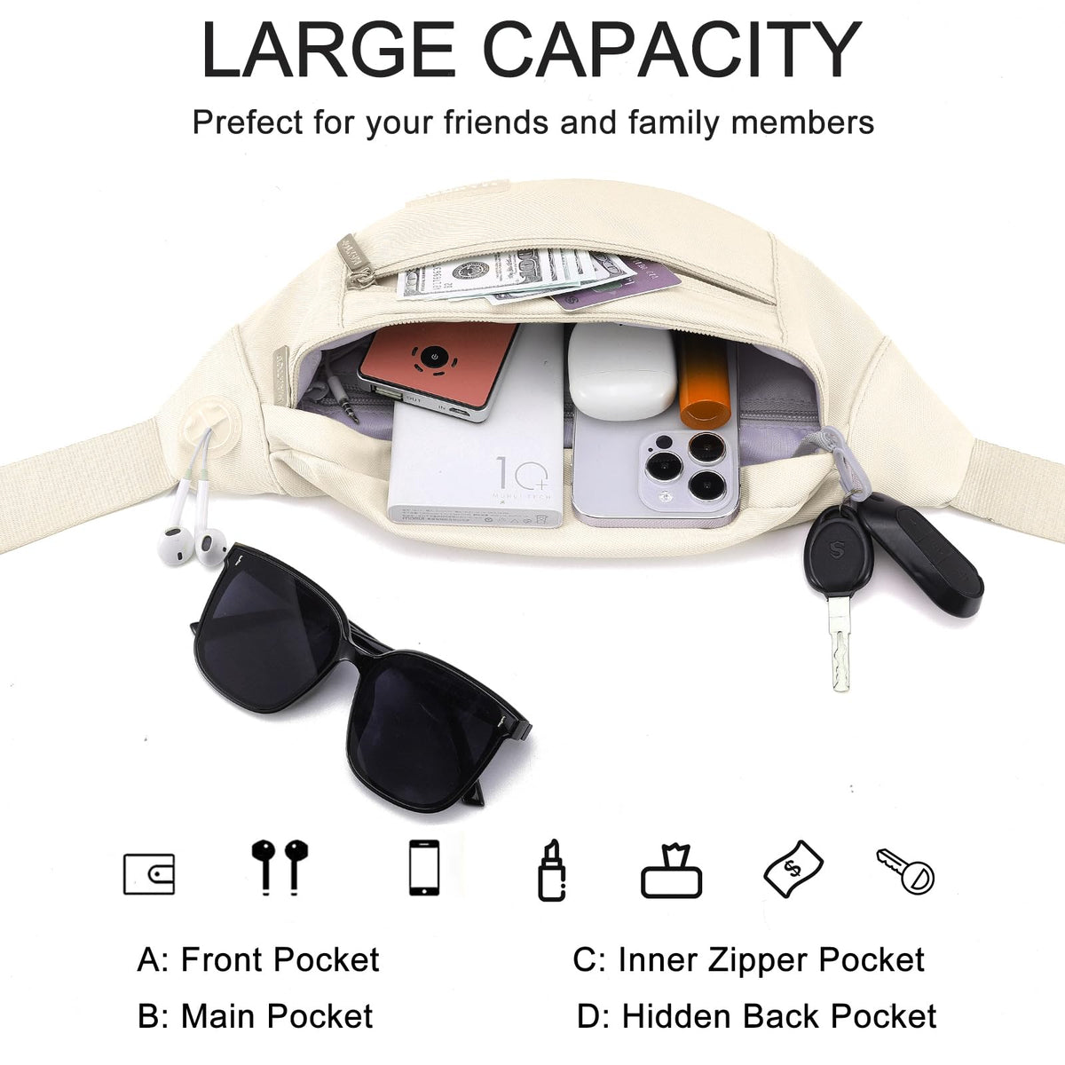 MAXTOP Unisex Large Crossbody Fanny Pack with 4 Zipper Pockets