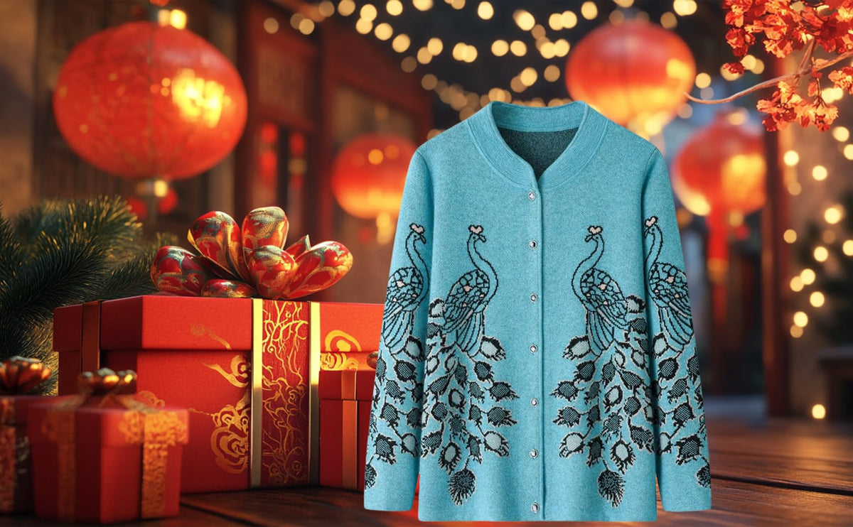 Women's Thickened Wool Jacquard Knit Cardigan - Blue