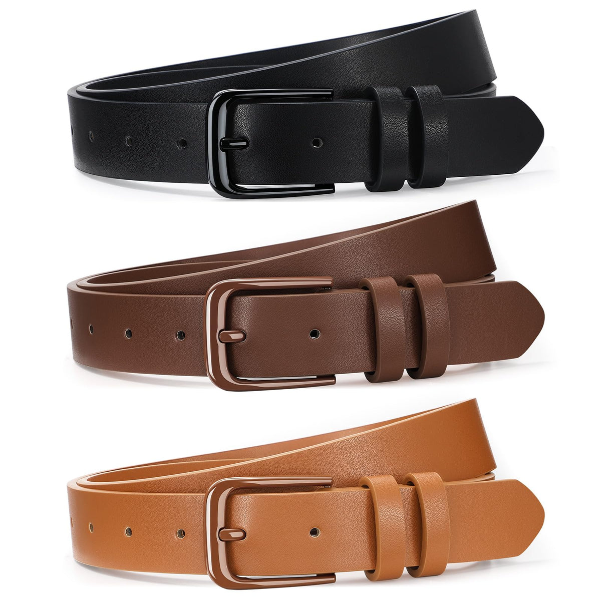 Women's Leather Waist Belts with Gold Buckle 3-Pack