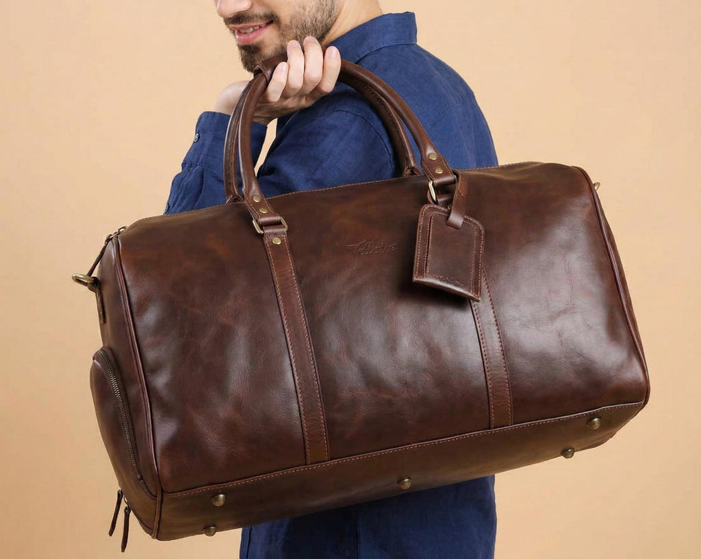 Men's Waterproof Leather Weekender Duffle Bag with Shoe Compartment