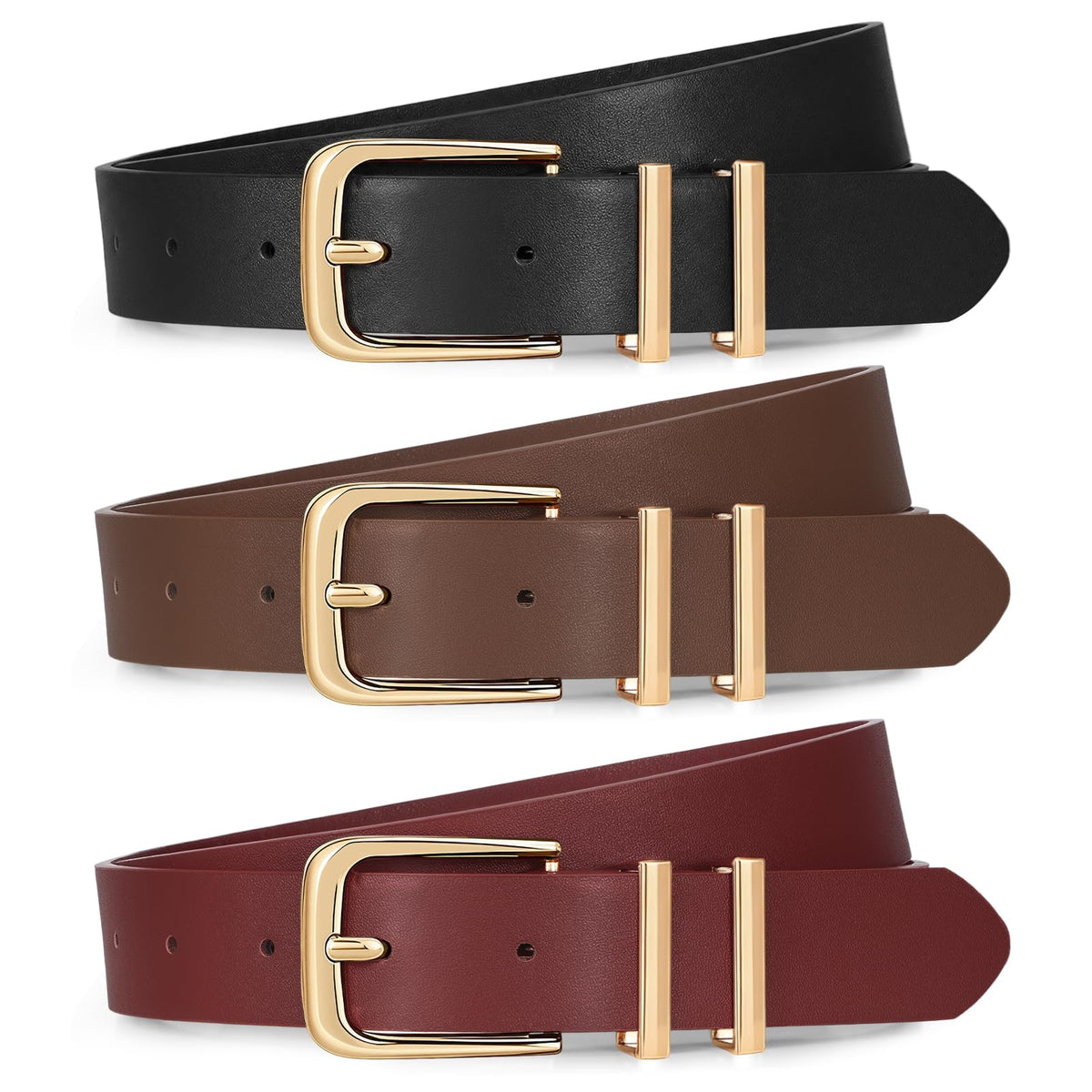 Women's Leather Waist Belts with Gold Buckle 3-Pack