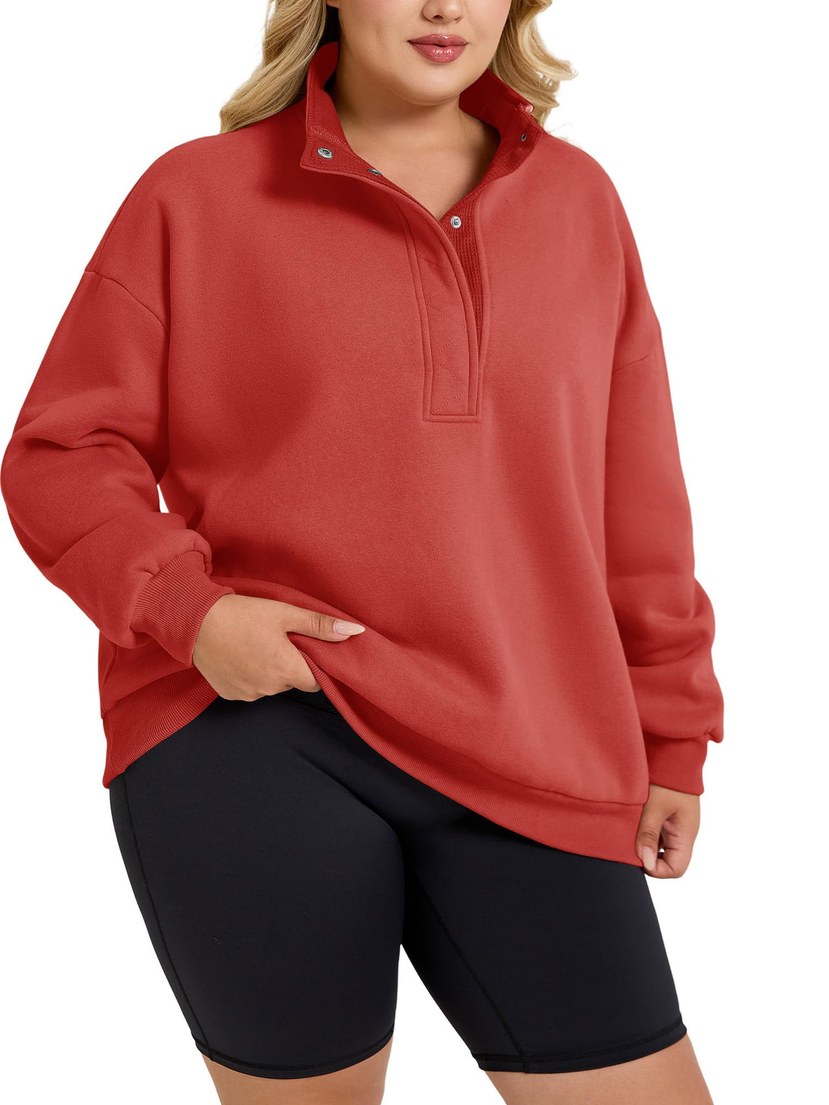 Women's Plus-Size Mock Neck Henley Pullover Sweatshirt