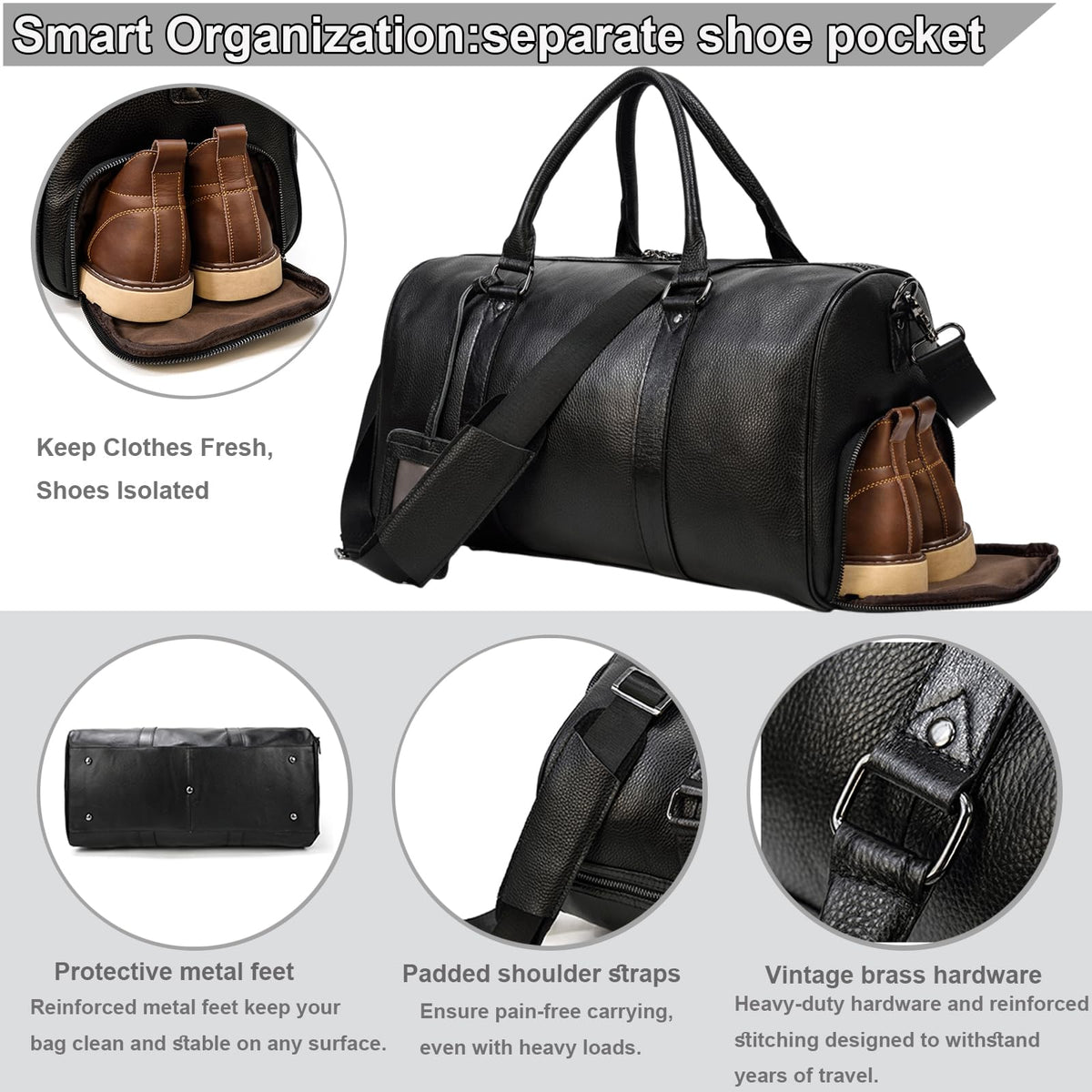 Men's Genuine Leather Weekender Travel Bag with Multi Compartments