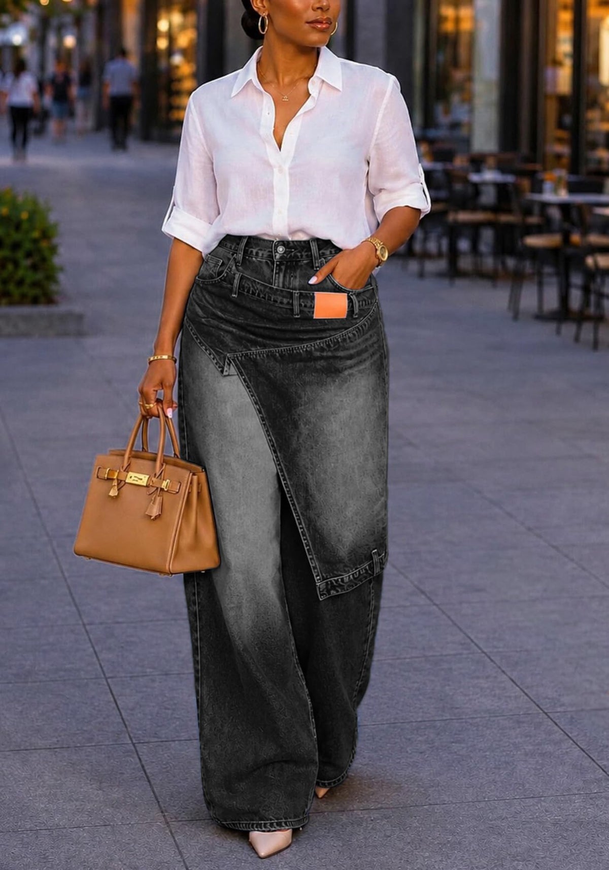 LETSVDO Women's Wide-Leg Wrap Skirt Cargo Baggy Jeans