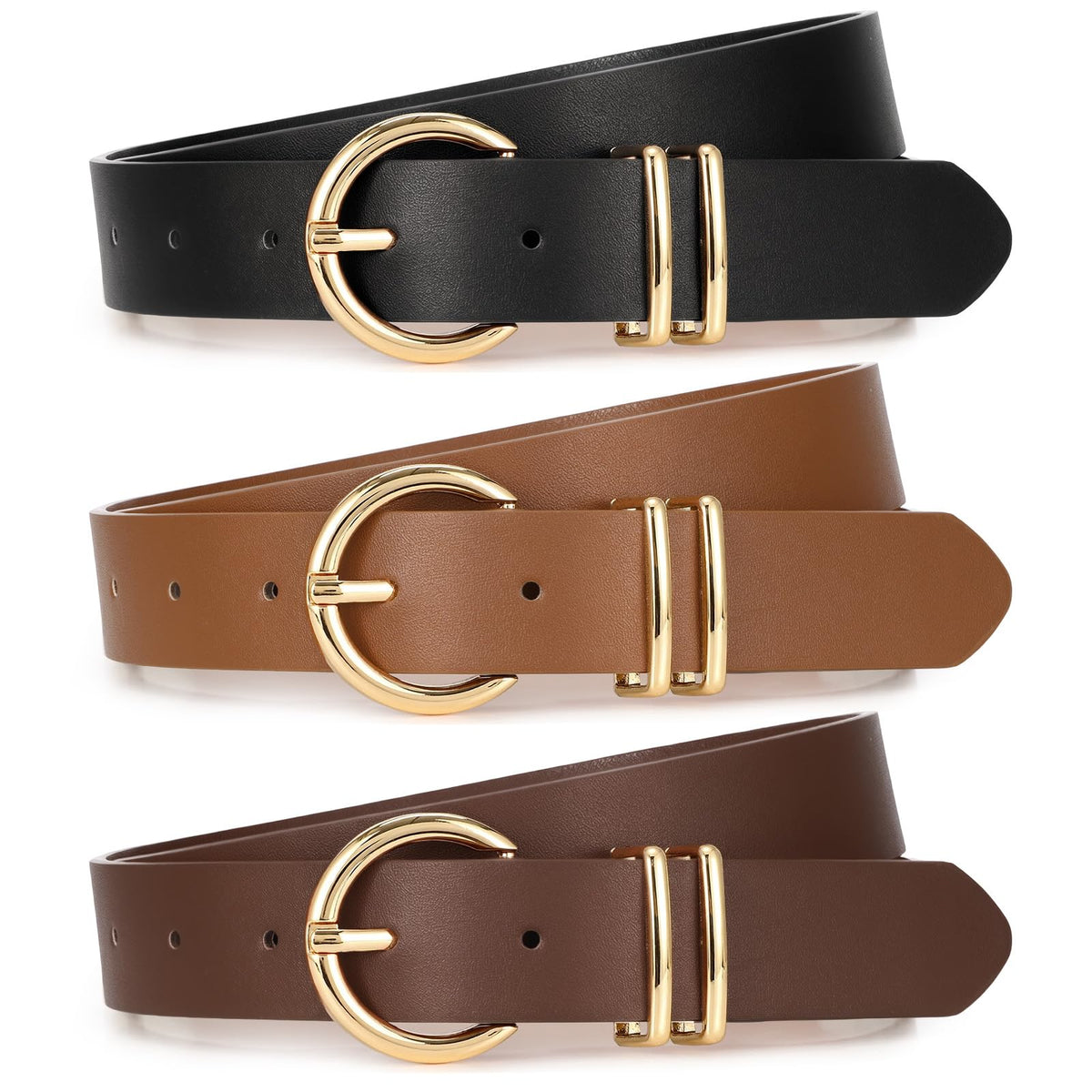 Women's Leather Waist Belts with Gold Buckle 3-Pack