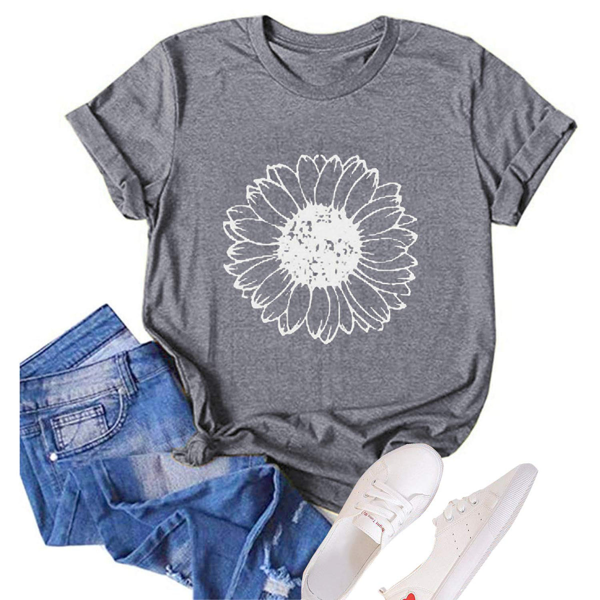 GLIGLITTR Women's Sunflower Graphic Crew-Neck T-Shirt