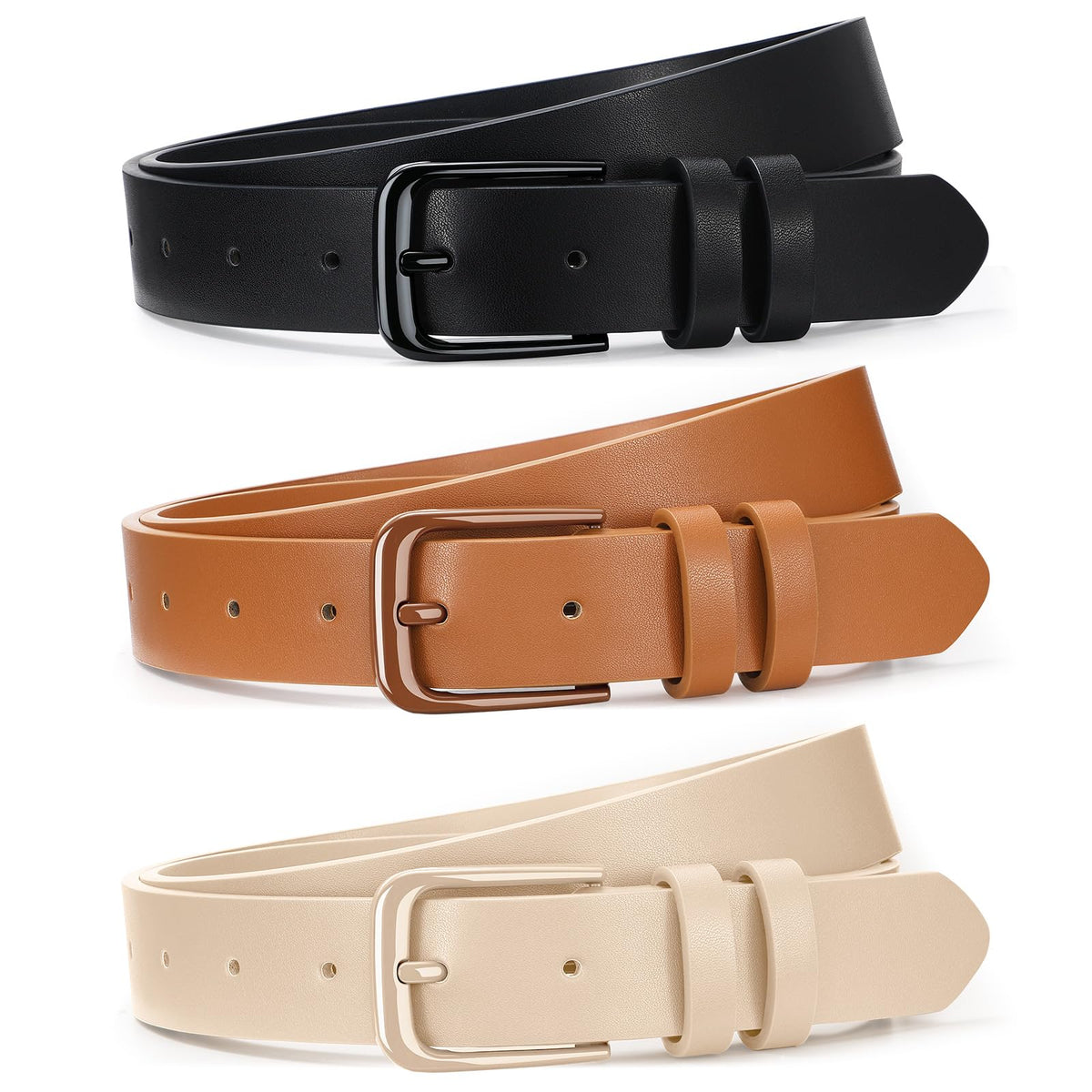 Women's Leather Waist Belts with Gold Buckle 3-Pack