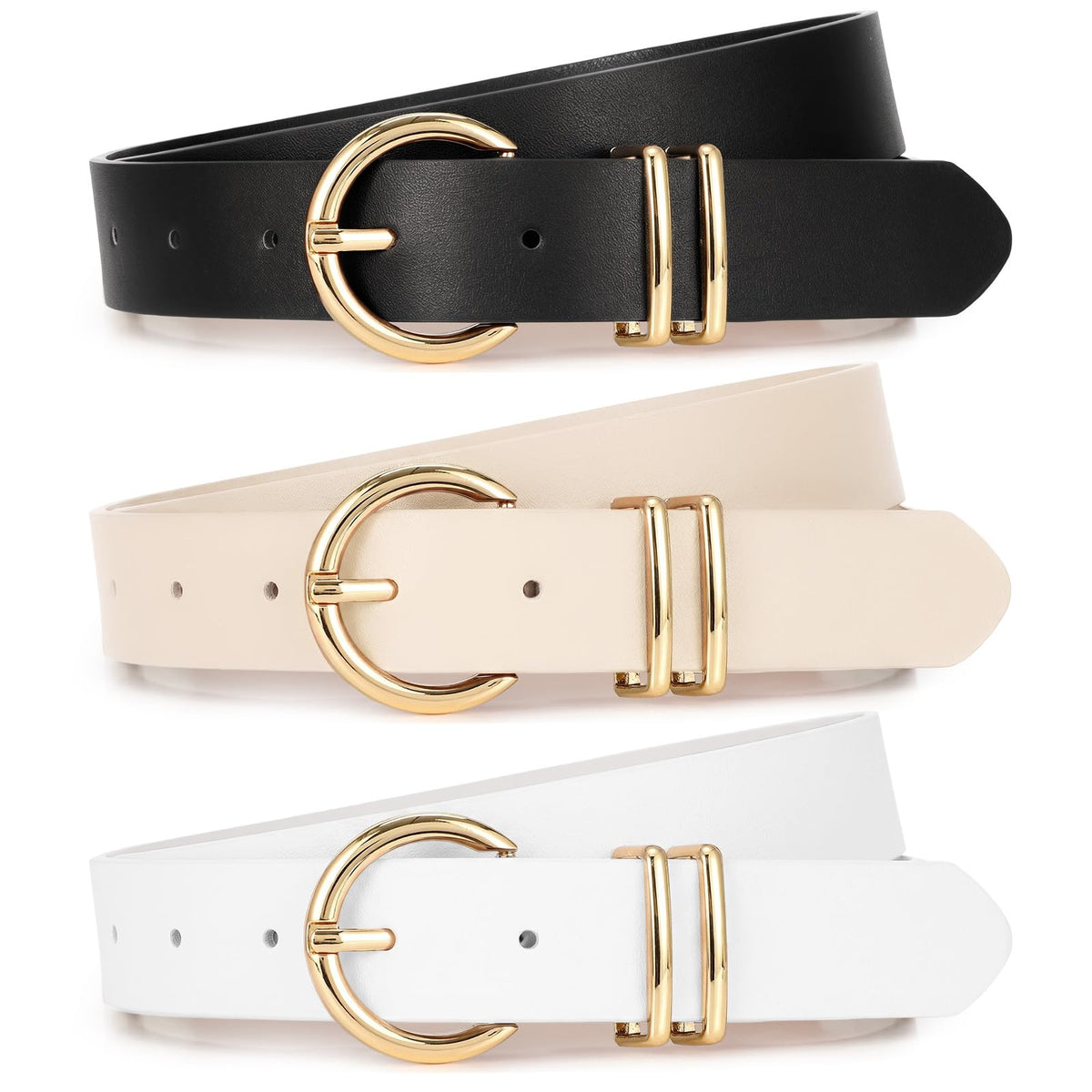 Women's Leather Waist Belts with Gold Buckle 3-Pack