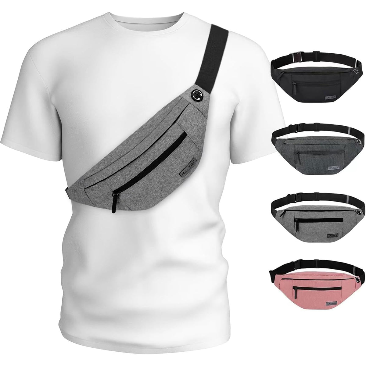 MAXTOP Unisex Large Crossbody Fanny Pack with 4 Zipper Pockets