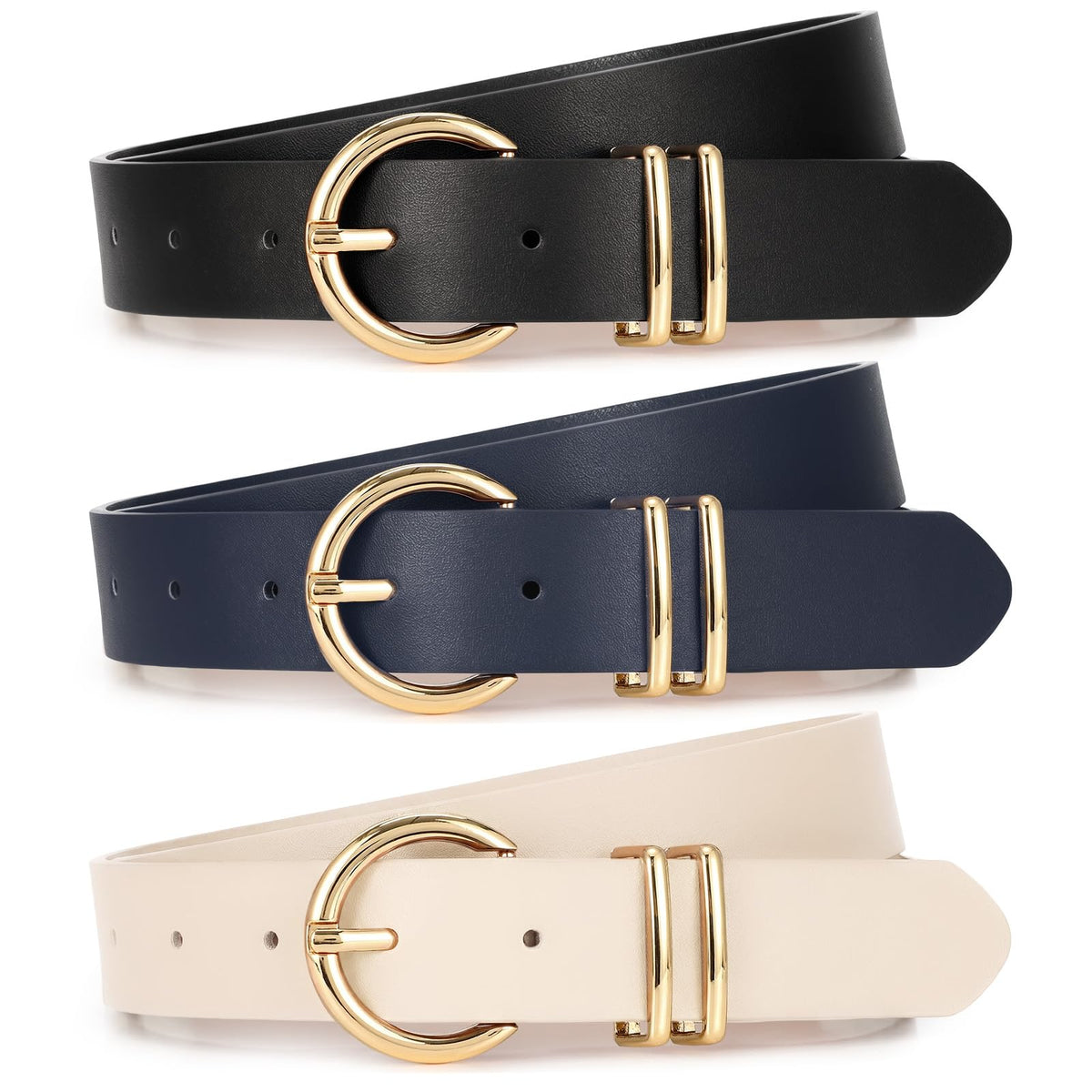 Women's Leather Waist Belts with Gold Buckle 3-Pack