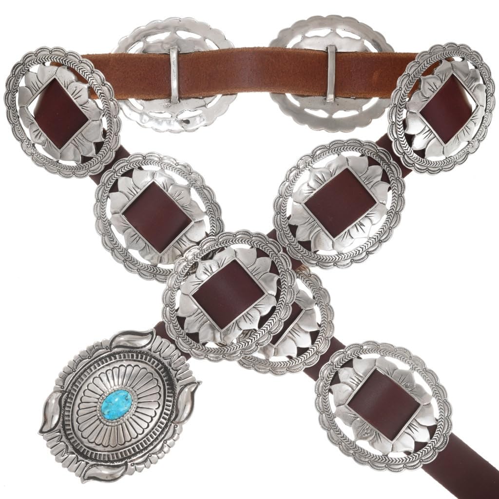 Turquoise Silver Concho Belt with Genuine Leather Strap