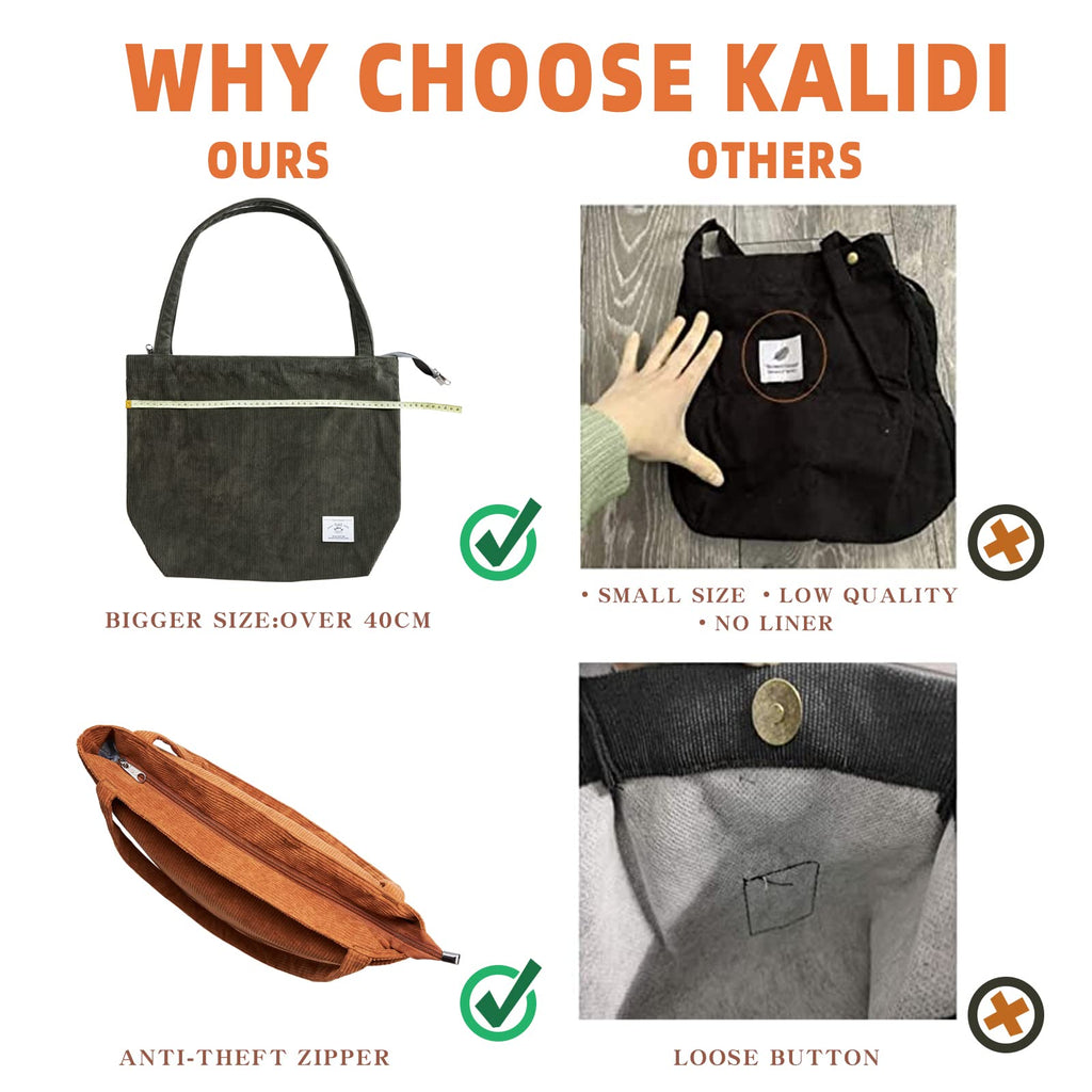 KALIDI Women's Large Corduroy Zipper Tote Shoulder Bag