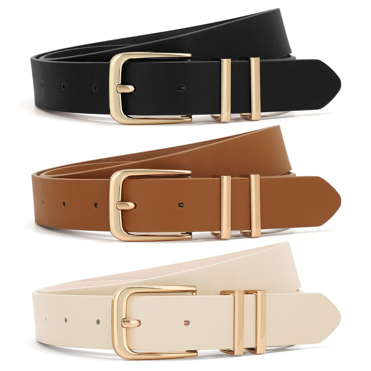 Women's Leather Waist Belts with Gold Buckle 3-Pack