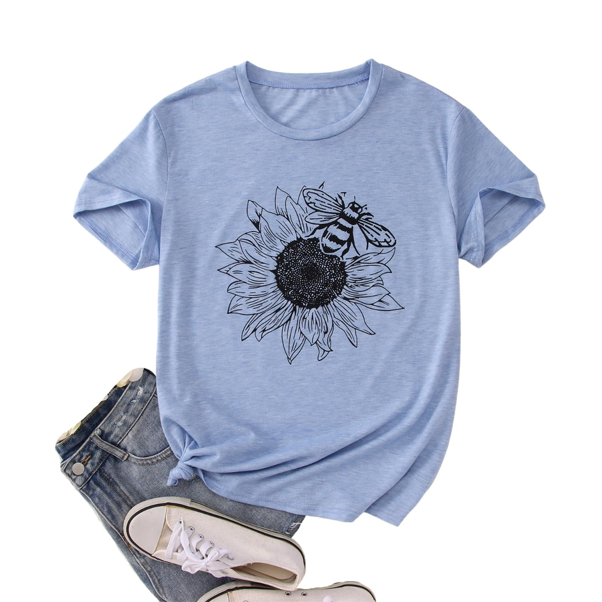 GLIGLITTR Women's Sunflower Graphic Crew-Neck T-Shirt