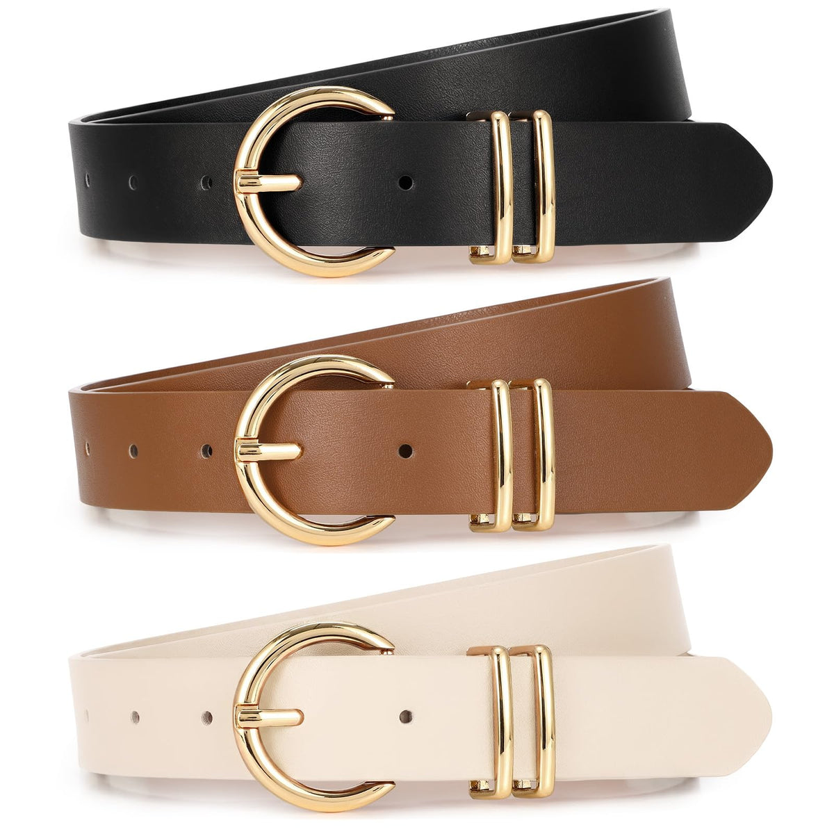 Women's Leather Waist Belts with Gold Buckle 3-Pack