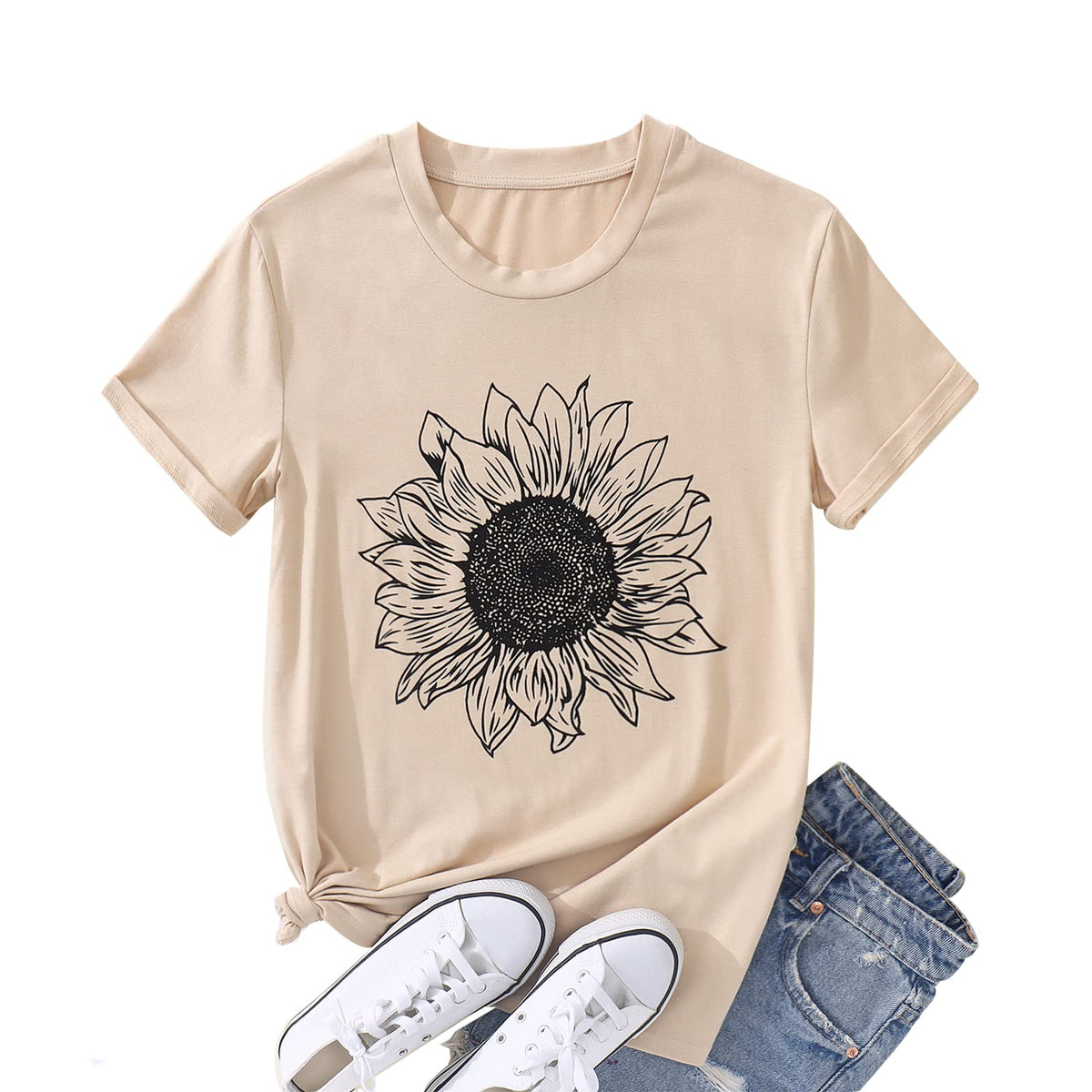 GLIGLITTR Women's Sunflower Graphic Crew-Neck T-Shirt