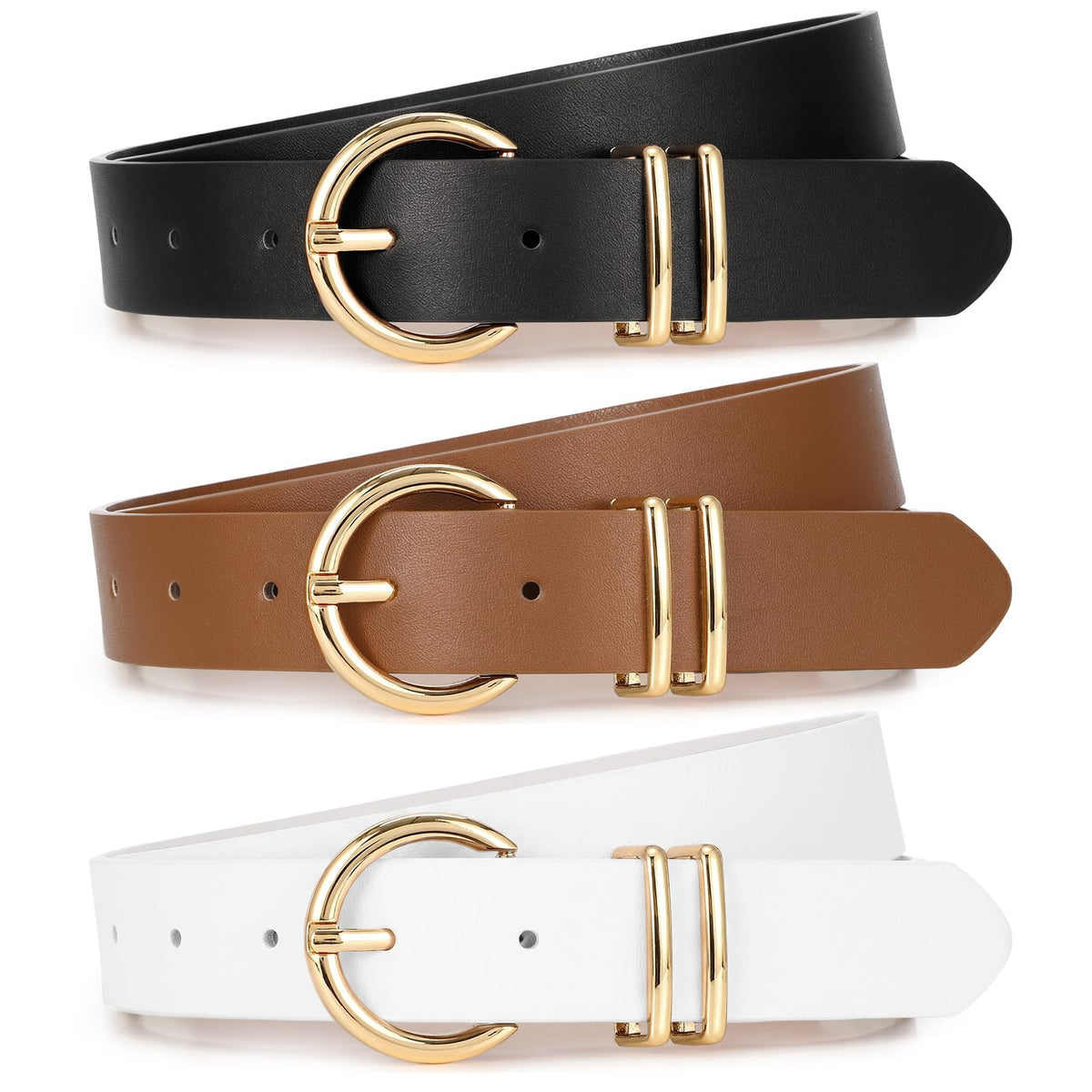 Women's Leather Waist Belts with Gold Buckle 3-Pack