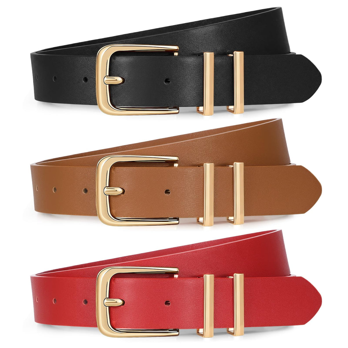 Women's Leather Waist Belts with Gold Buckle 3-Pack