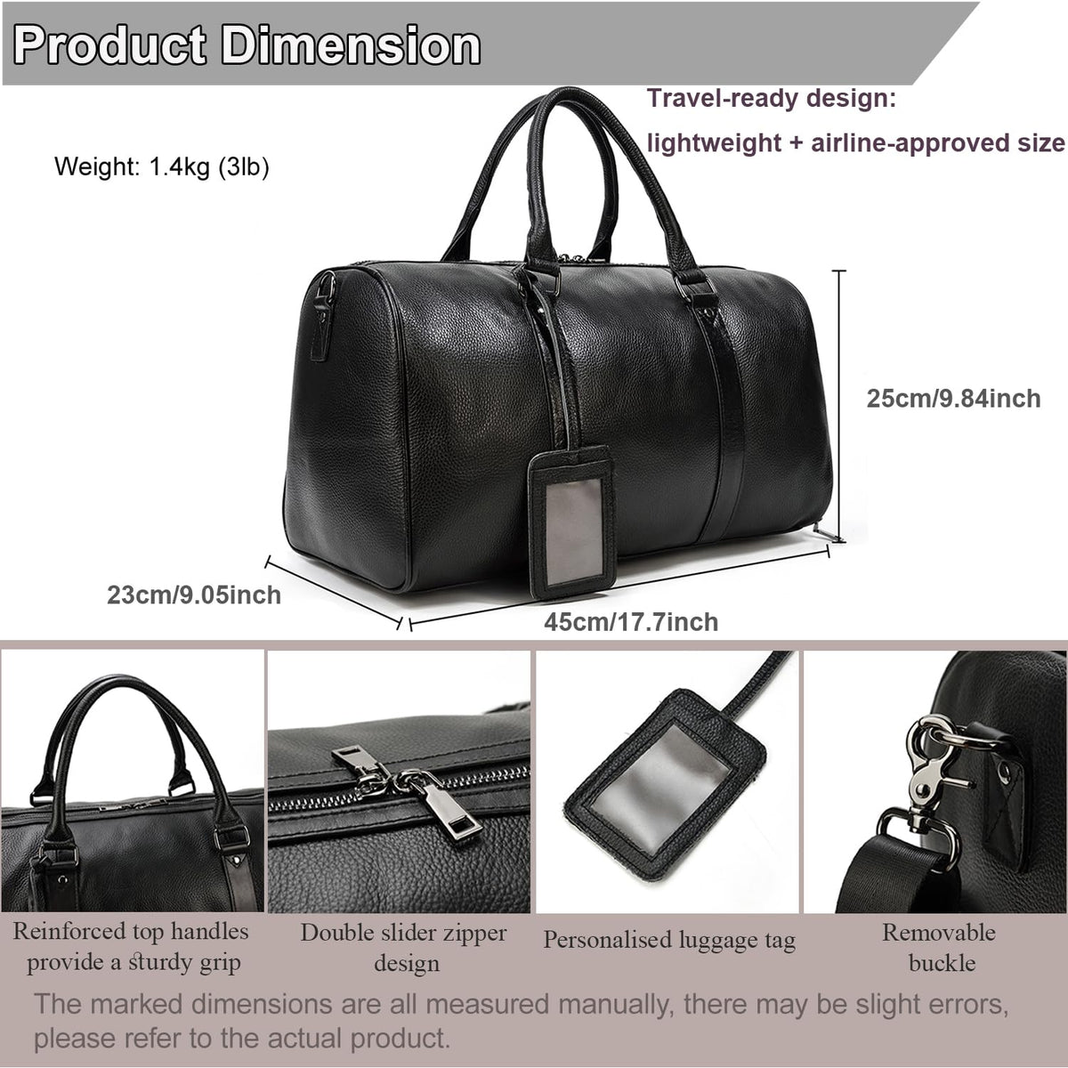 Men's Genuine Leather Weekender Travel Bag with Multi Compartments