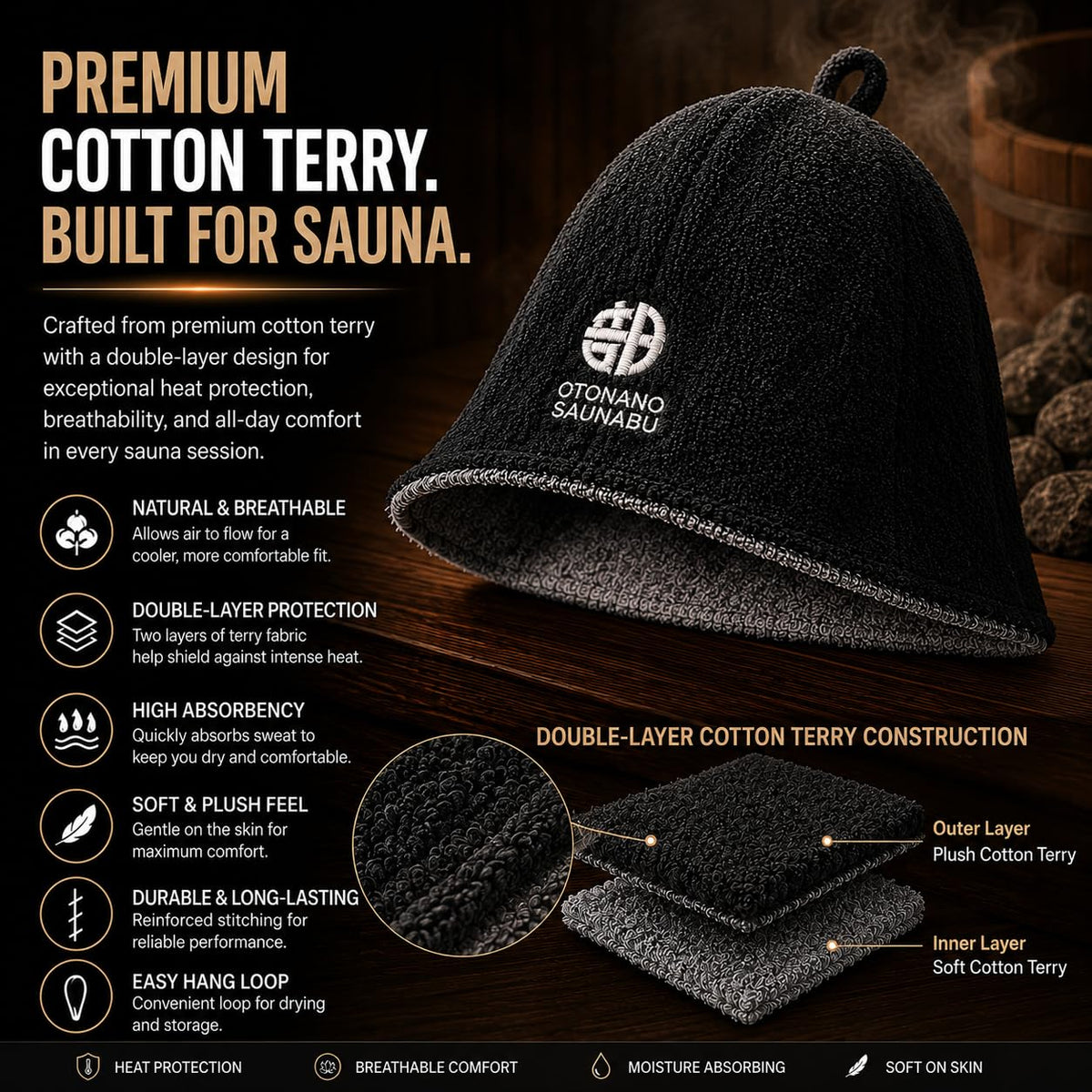 Reversible Double-Layer 100% Cotton Japanese Sauna Hat