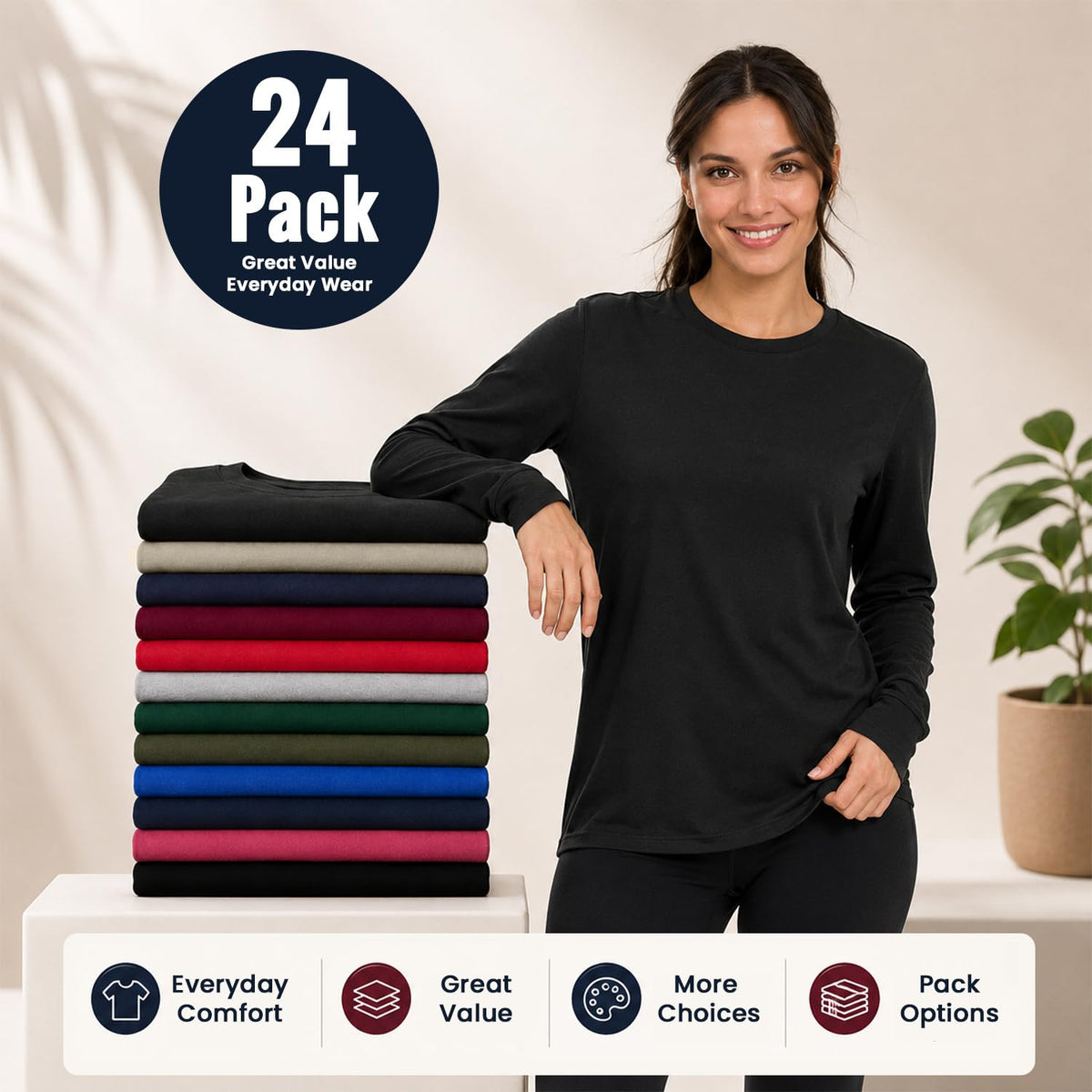 BILLIONHATS Women's Oversized Long-Sleeve T-Shirts 24-Pack