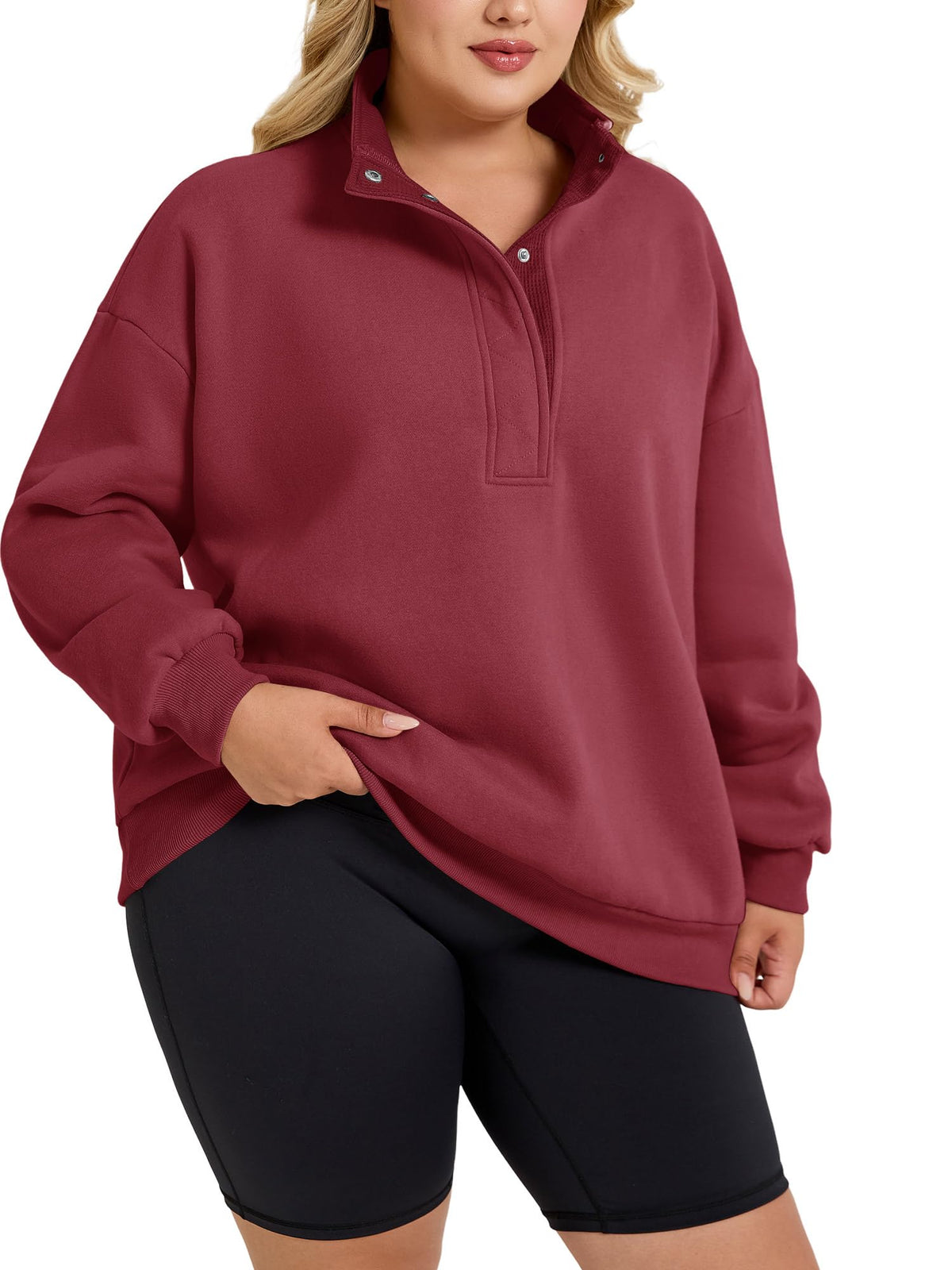 Women's Plus-Size Mock Neck Henley Pullover Sweatshirt