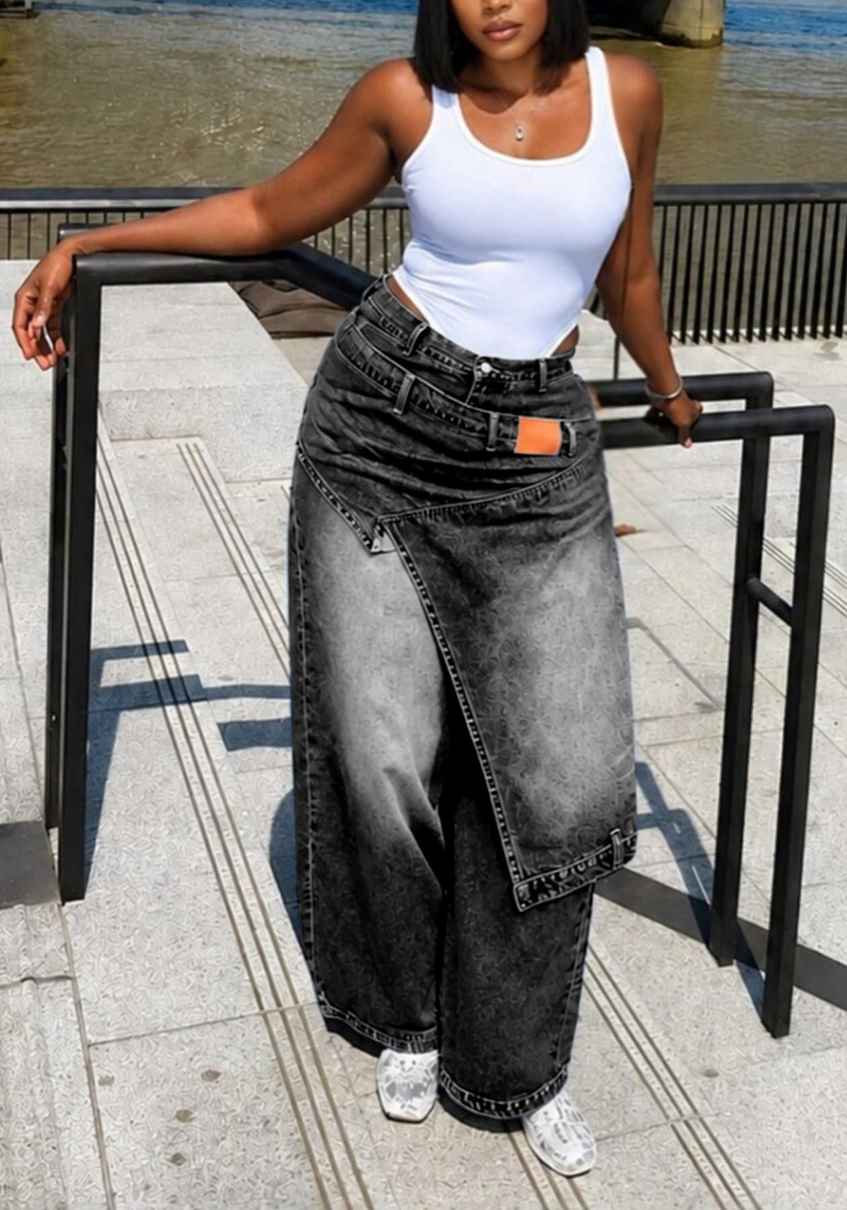 LETSVDO Women's Wide-Leg Wrap Skirt Cargo Baggy Jeans