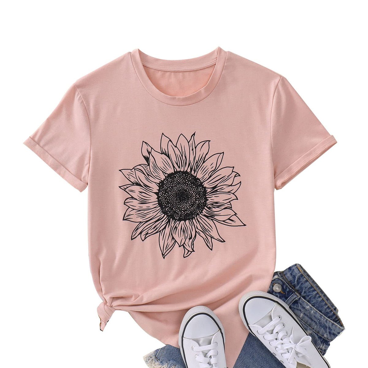 GLIGLITTR Women's Sunflower Graphic Crew-Neck T-Shirt