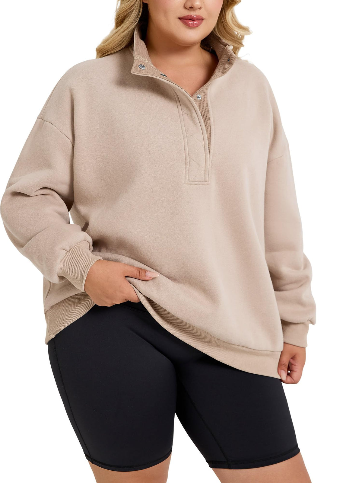 Women's Plus-Size Mock Neck Henley Pullover Sweatshirt