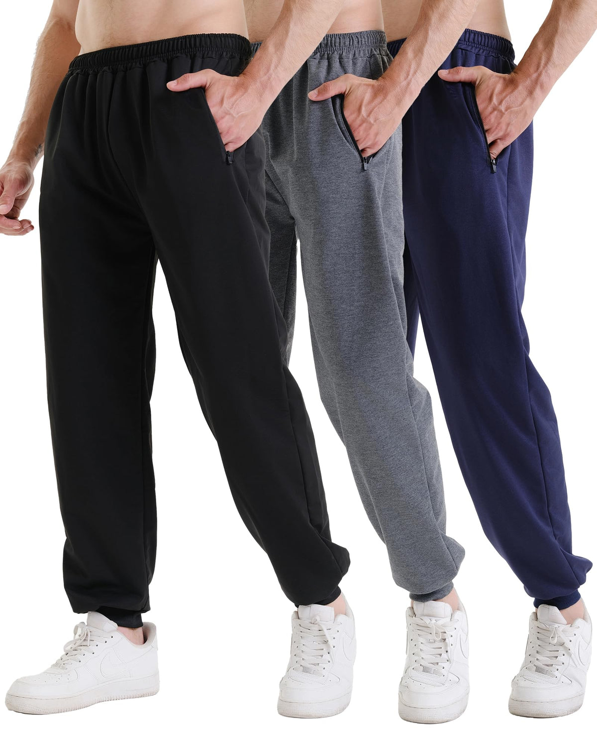 Men's Athletic Jogger Sweatpants with Zipper Pockets 3-Pack