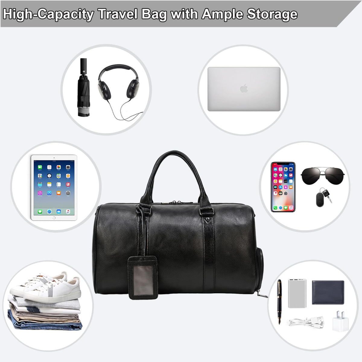 Men's Genuine Leather Weekender Travel Bag with Multi Compartments