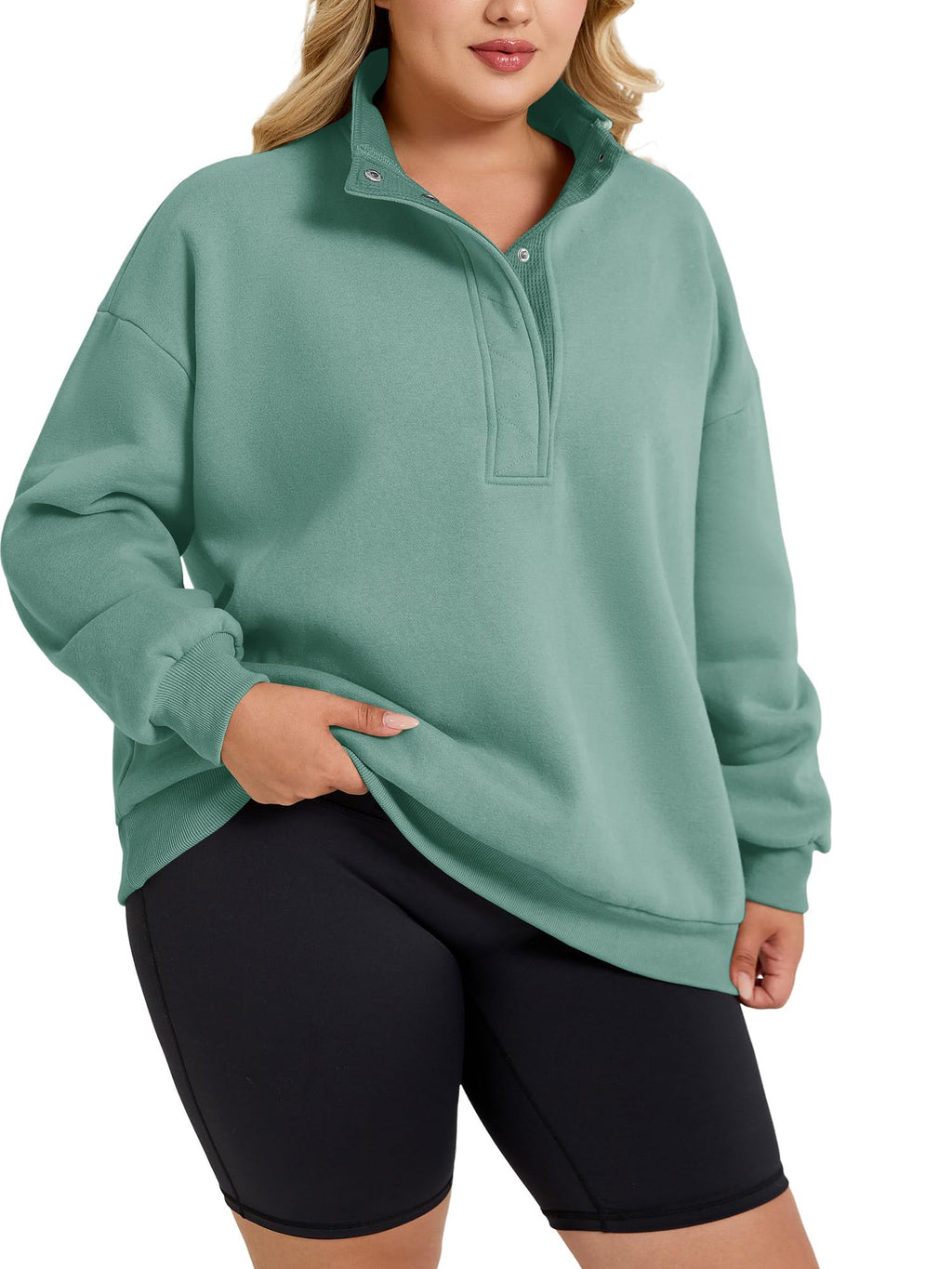 Women's Plus-Size Mock Neck Henley Pullover Sweatshirt
