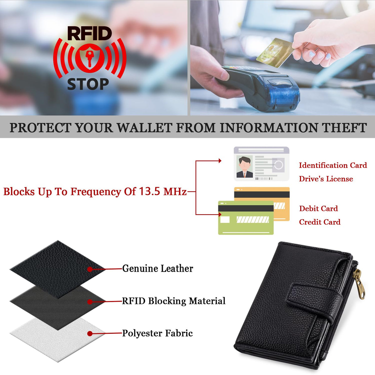 Women's Compact RFID Bifold Leather Wallet with ID Window