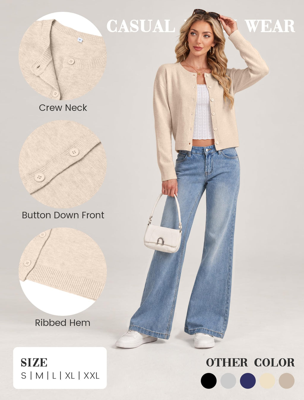 DLOODA Women's Cropped Crew Neck Cardigan Sweater