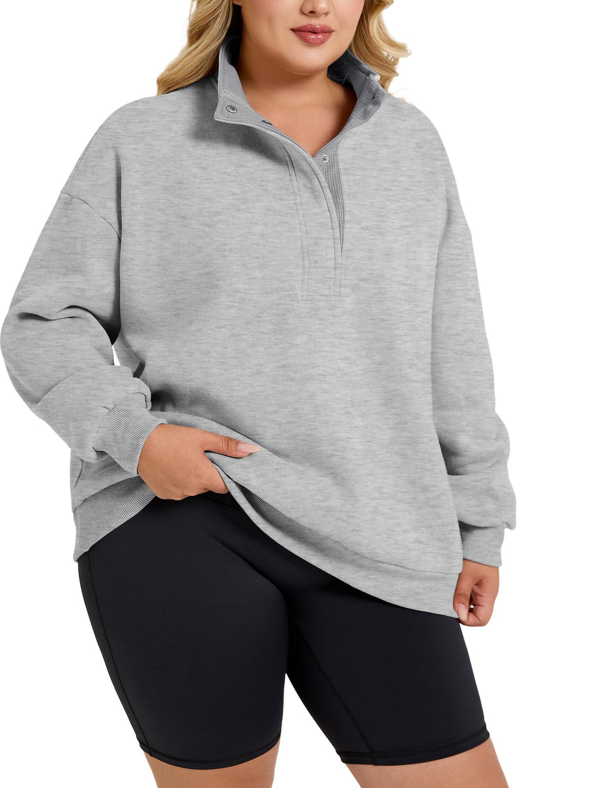Women's Plus-Size Mock Neck Henley Pullover Sweatshirt