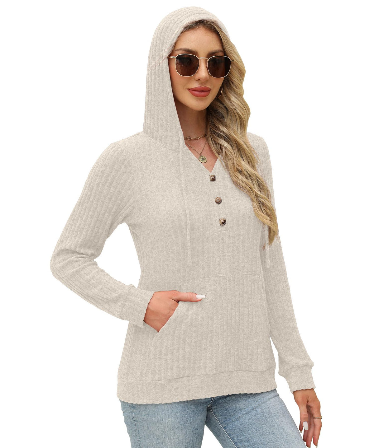 XMTOPYE Women's Henley Neck Pullover Hoodie Sweater