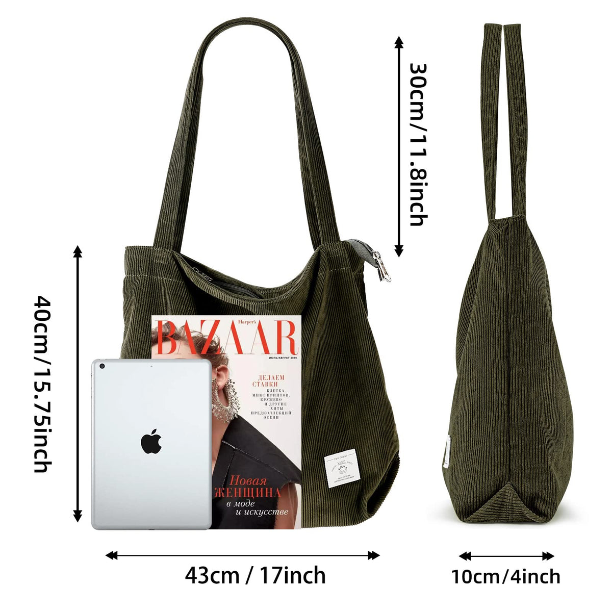 KALIDI Women's Large Corduroy Zipper Tote Shoulder Bag
