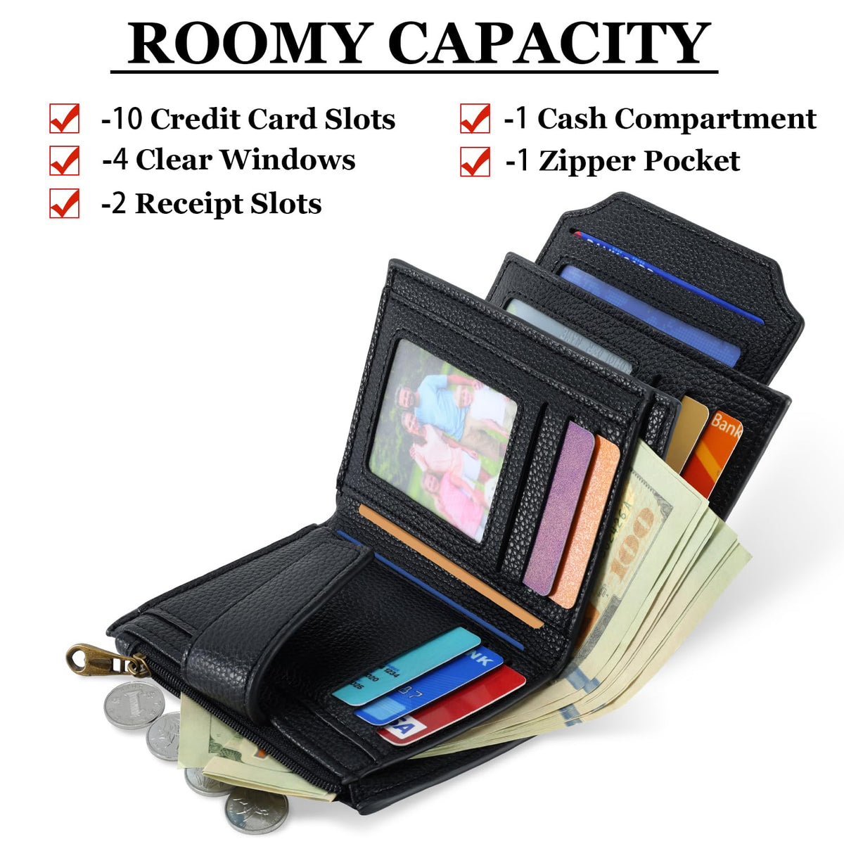 Women's Compact RFID Bifold Leather Wallet with ID Window
