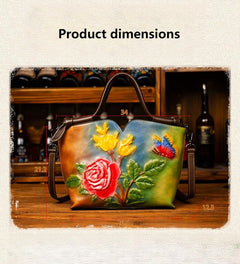 Women's Floral Genuine Leather Tote and Crossbody Bag