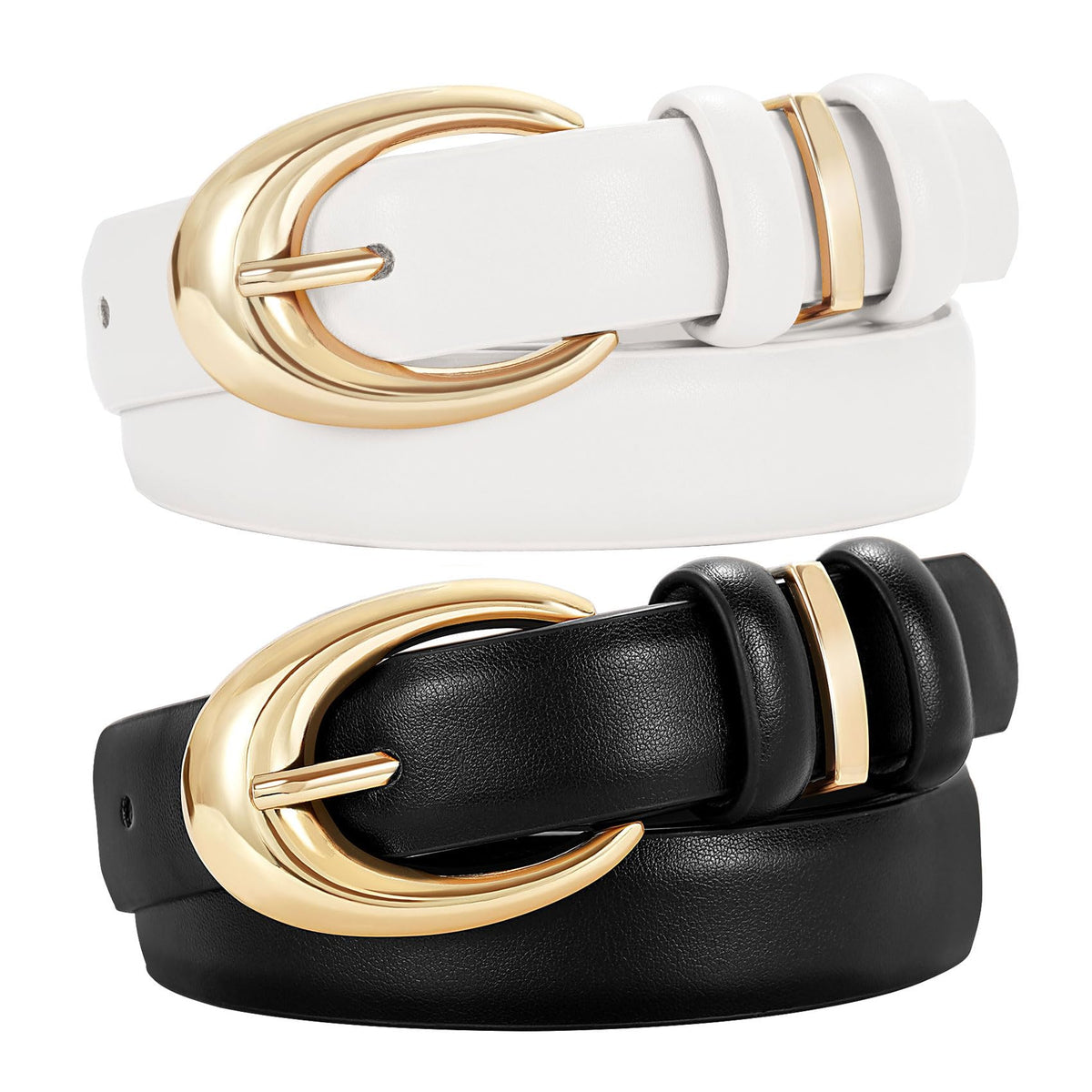 Women's Faux Leather Belt with Gold Buckle 2-Pack