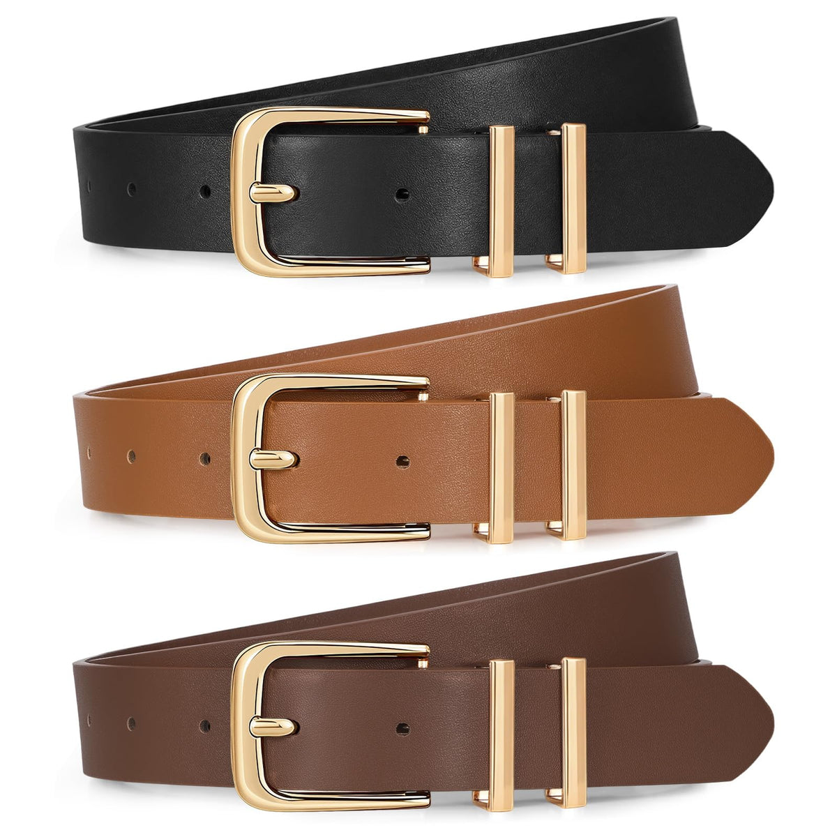 Women's Leather Waist Belts with Gold Buckle 3-Pack