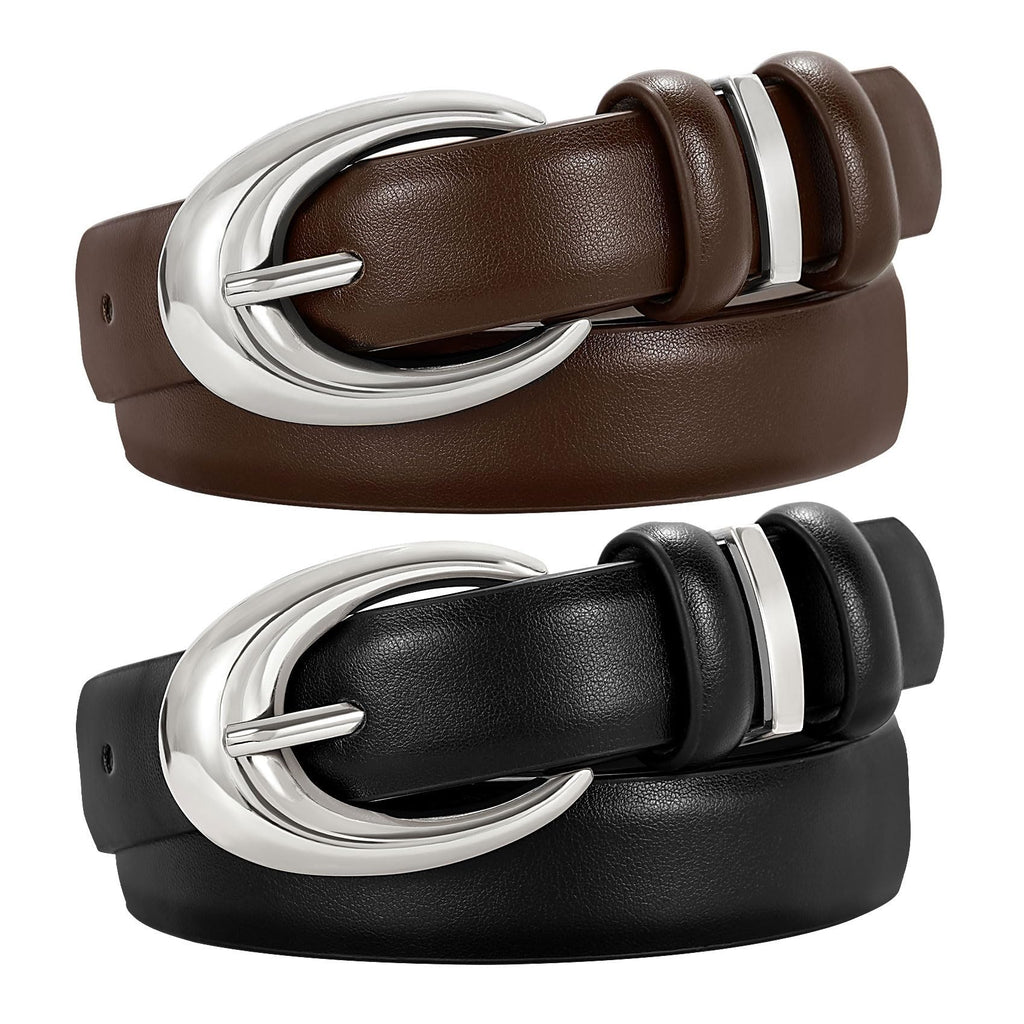 Women's Faux Leather Belt with Gold Buckle 2-Pack