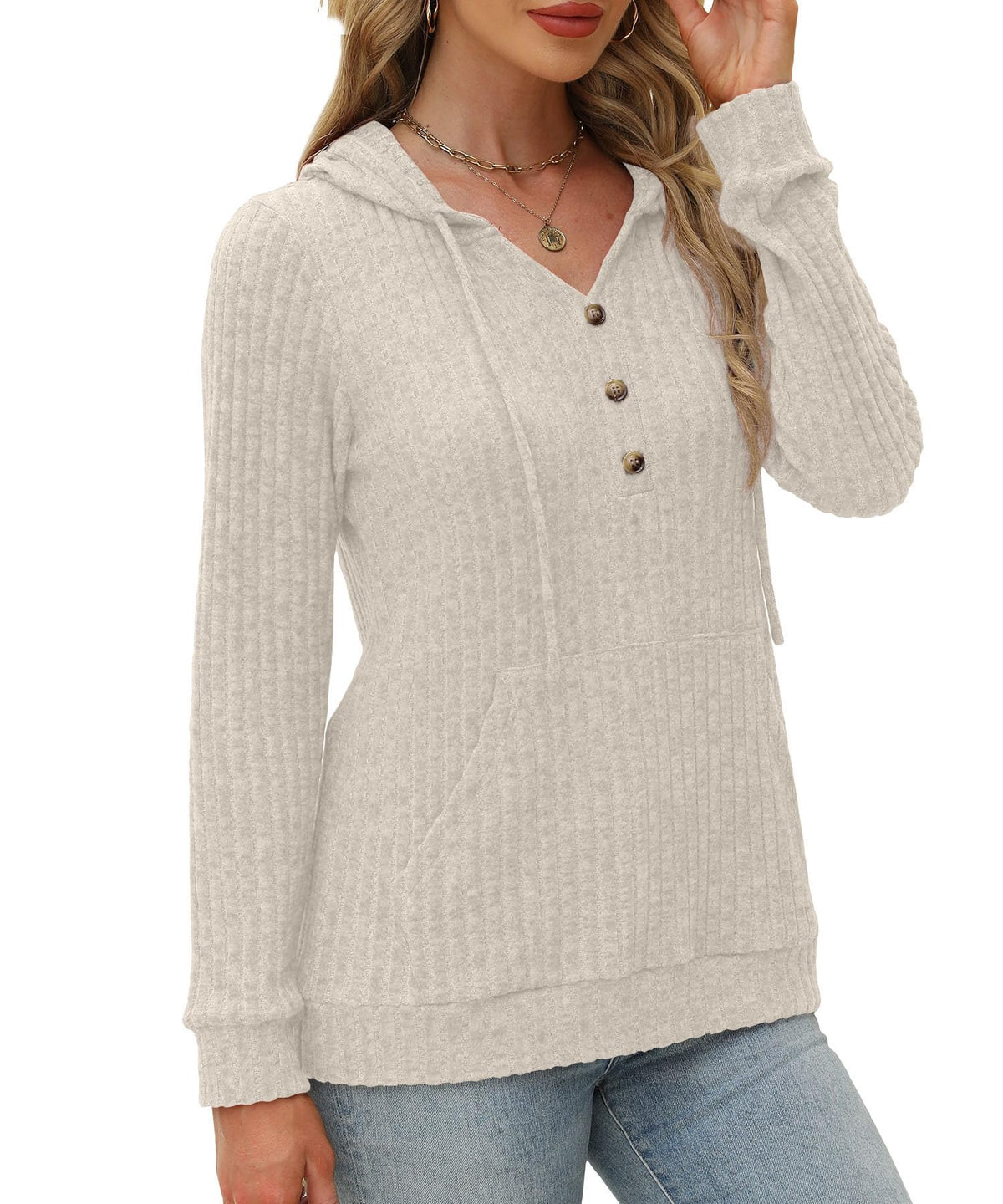 XMTOPYE Women's Henley Neck Pullover Hoodie Sweater