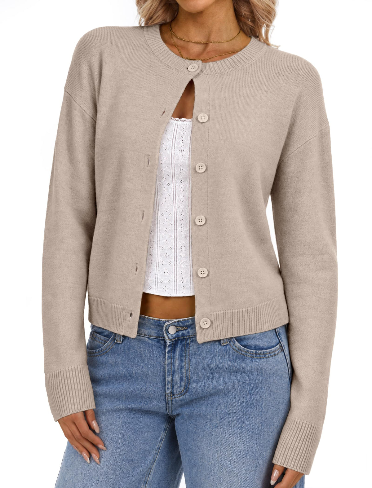 DLOODA Women's Cropped Crew Neck Cardigan Sweater