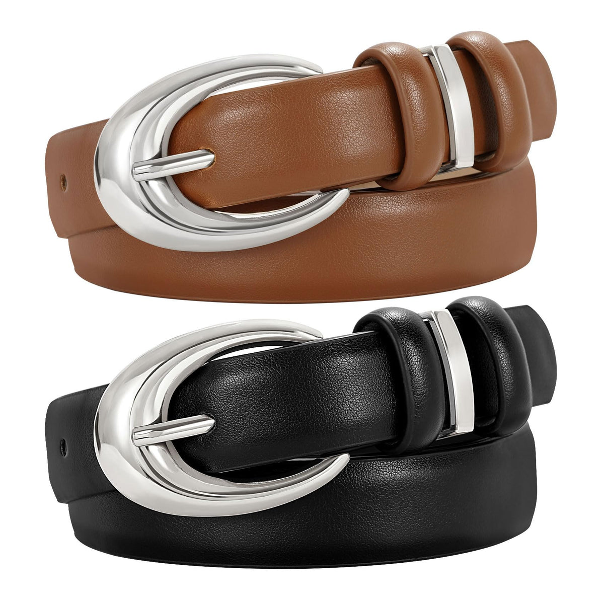 Women's Faux Leather Belt with Gold Buckle 2-Pack