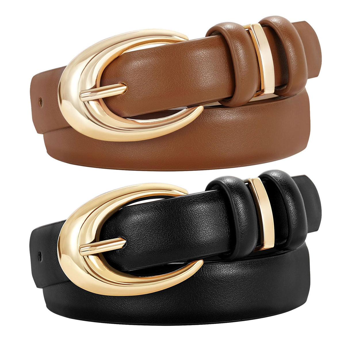 Women's Faux Leather Belt with Gold Buckle 2-Pack