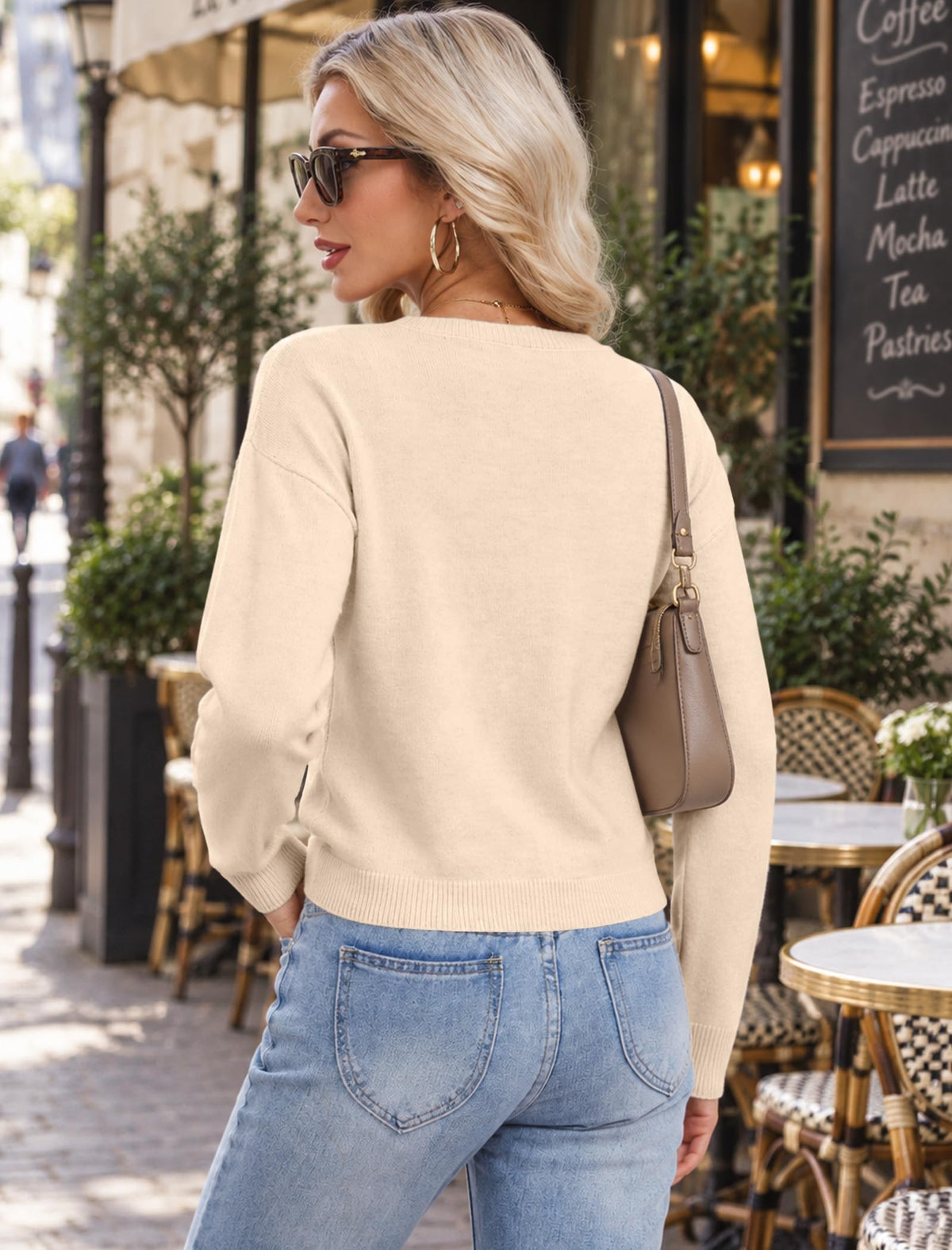 DLOODA Women's Cropped Crew Neck Cardigan Sweater
