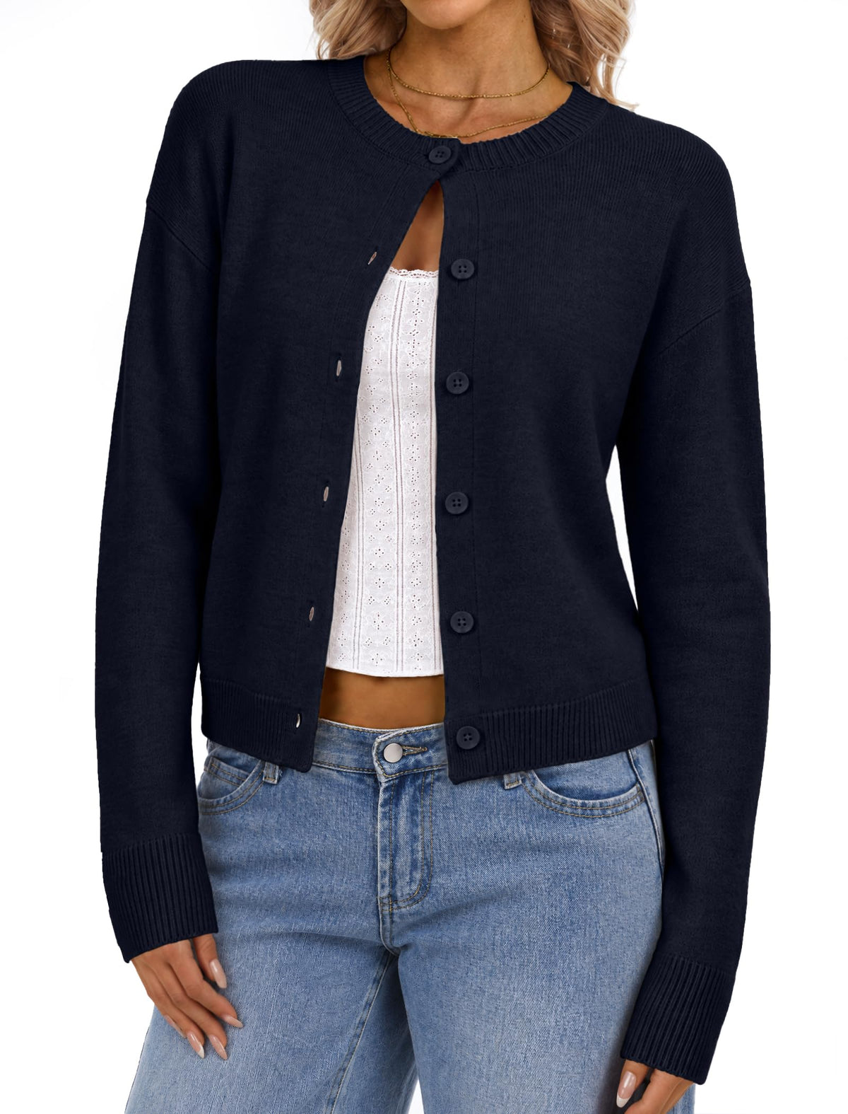 DLOODA Women's Cropped Crew Neck Cardigan Sweater